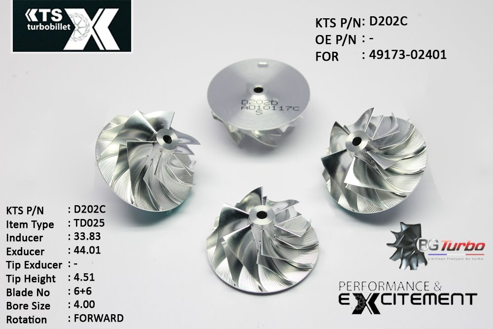 Turbo ROUE FORGÉE MFS PERFORMANCE - 6+6 PALES - INDUCER : 33,83 - EXDUCER : 44,01 - TYPE : TD025ANGLE : 45° - ROTATION : Forward - SUPER BACK : 1,68 - BORE SIZE : 4
